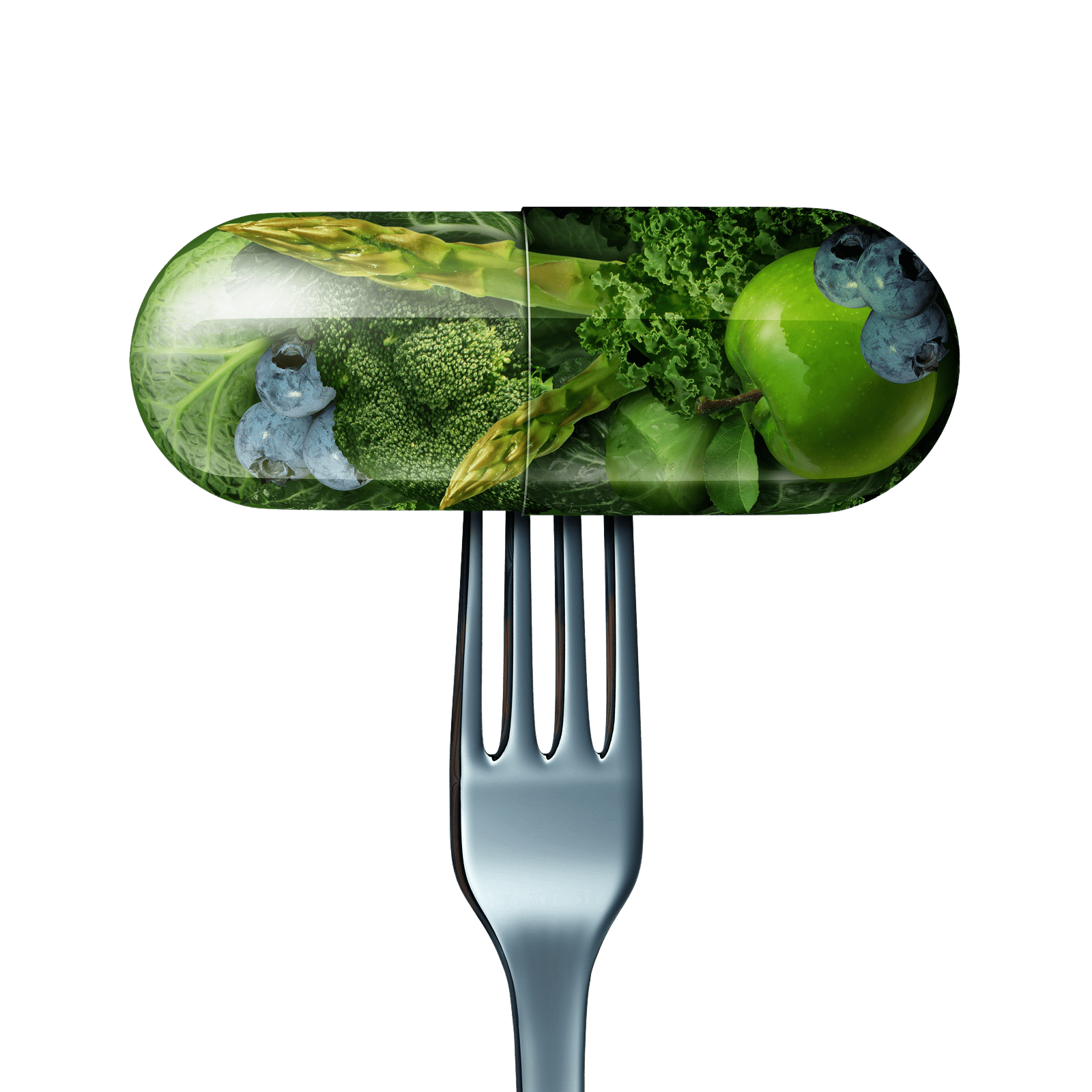 fork with gel capsule filled with various green fruits and vegetables